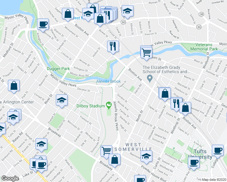 map of restaurants, bars, coffee shops, grocery stores, and more near 392 Alewife Brook Parkway in Somerville
