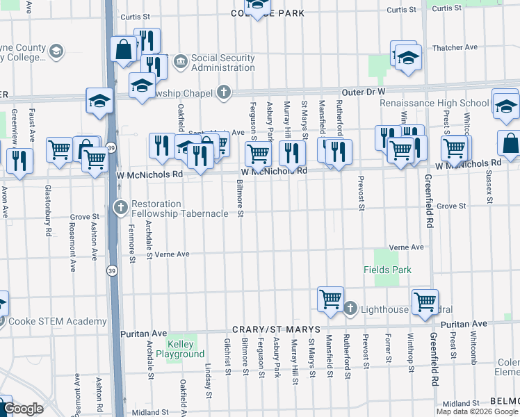 map of restaurants, bars, coffee shops, grocery stores, and more near 16802 Ferguson Street in Detroit