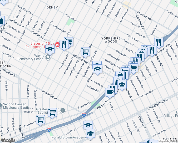 map of restaurants, bars, coffee shops, grocery stores, and more near 9761 McKinney Street in Detroit