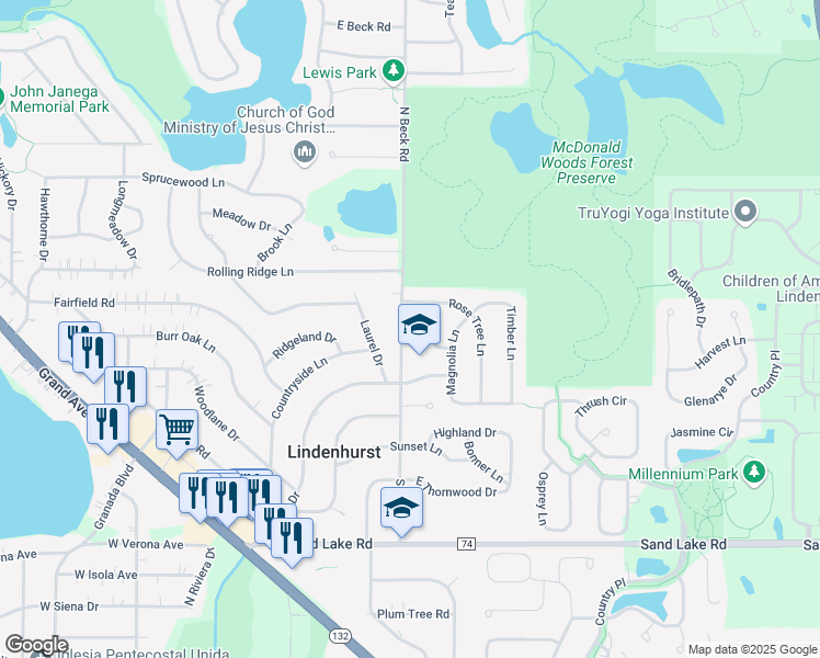 map of restaurants, bars, coffee shops, grocery stores, and more near 69 South Beck Road in Lindenhurst