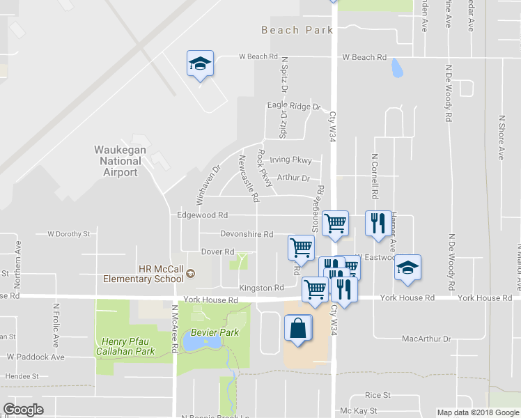 map of restaurants, bars, coffee shops, grocery stores, and more near 2036 Edgewood Road in Waukegan