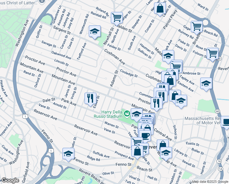 map of restaurants, bars, coffee shops, grocery stores, and more near 12 Smith Street in Revere