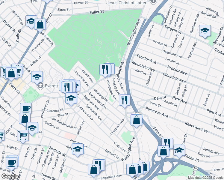 map of restaurants, bars, coffee shops, grocery stores, and more near 39 Woodlawn Avenue in Everett