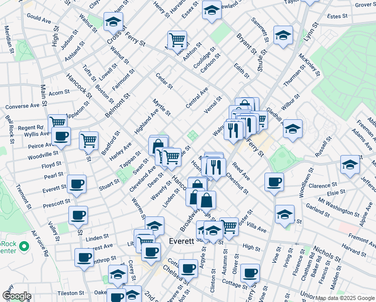 map of restaurants, bars, coffee shops, grocery stores, and more near 43 Glendale Street in Everett