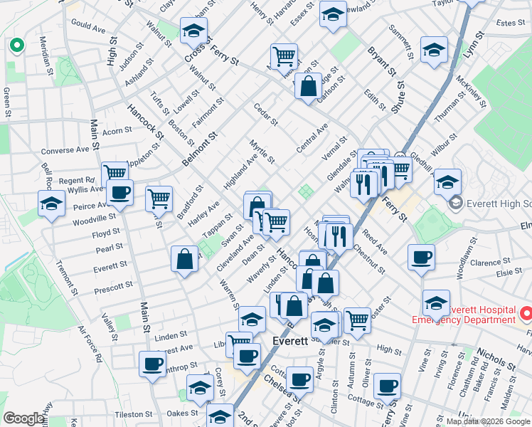 map of restaurants, bars, coffee shops, grocery stores, and more near 19 Vernal Street in Everett