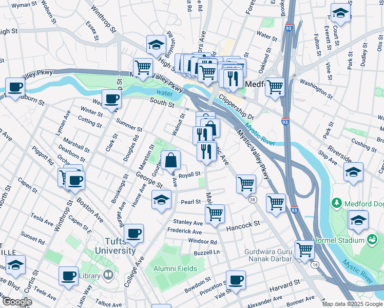 map of restaurants, bars, coffee shops, grocery stores, and more near 22 Summer Street in Medford
