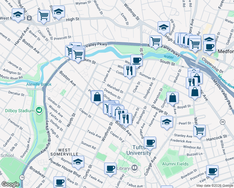 map of restaurants, bars, coffee shops, grocery stores, and more near 11 Dearborn Street in Medford
