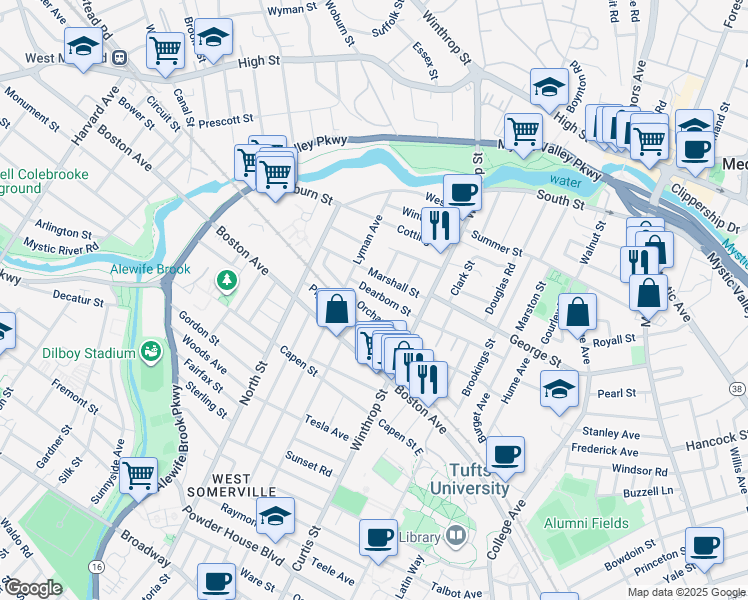 map of restaurants, bars, coffee shops, grocery stores, and more near 43 Orchard Street in Medford