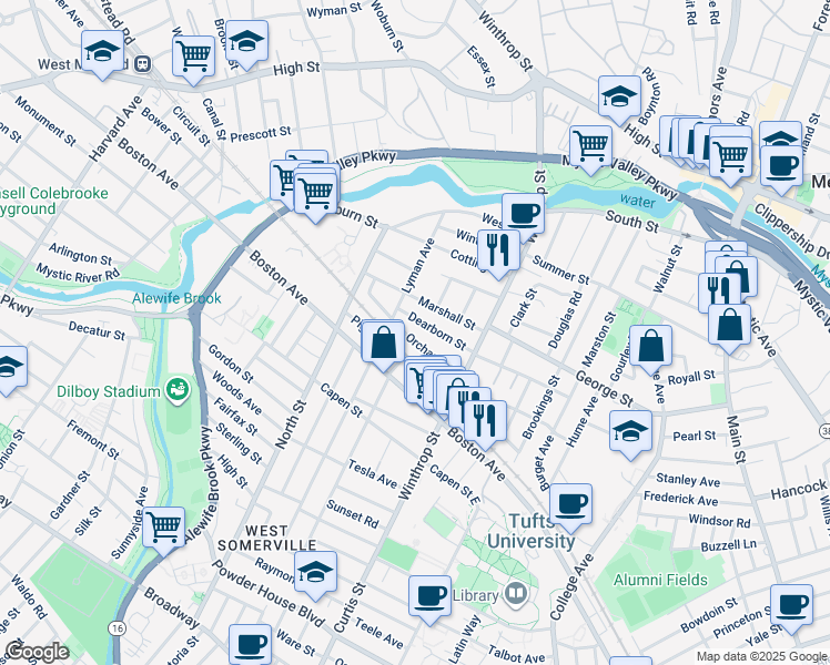 map of restaurants, bars, coffee shops, grocery stores, and more near 43 Orchard Street in Medford