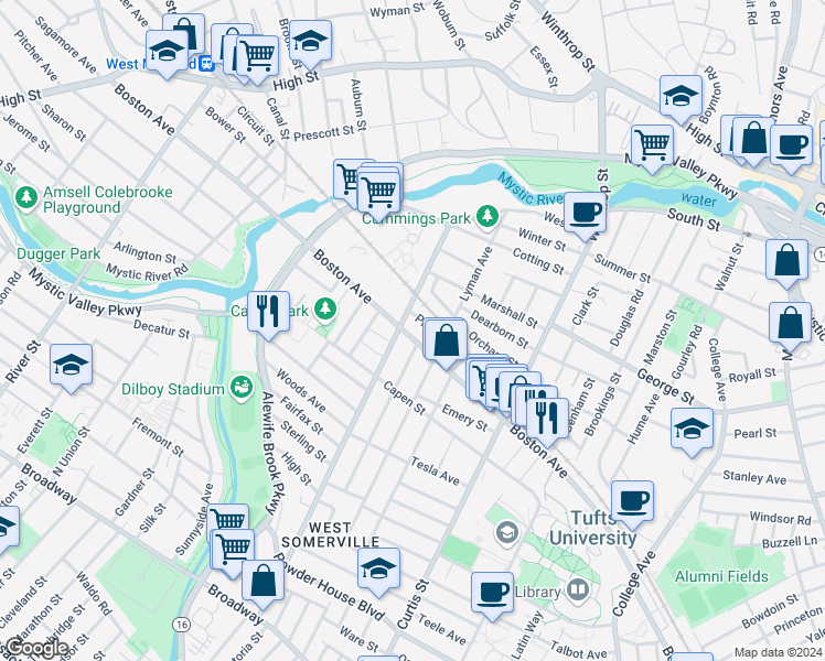 map of restaurants, bars, coffee shops, grocery stores, and more near 250 Boston Avenue in Medford