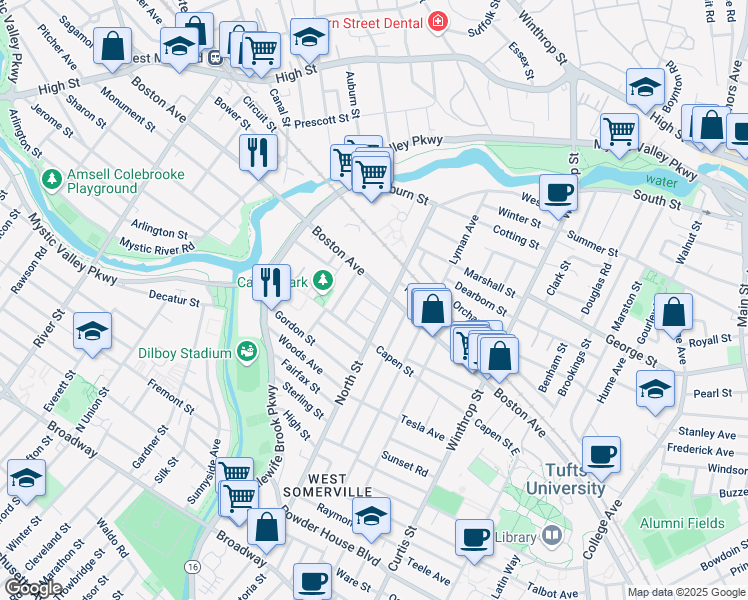 map of restaurants, bars, coffee shops, grocery stores, and more near 24 Pinkham Road in Medford