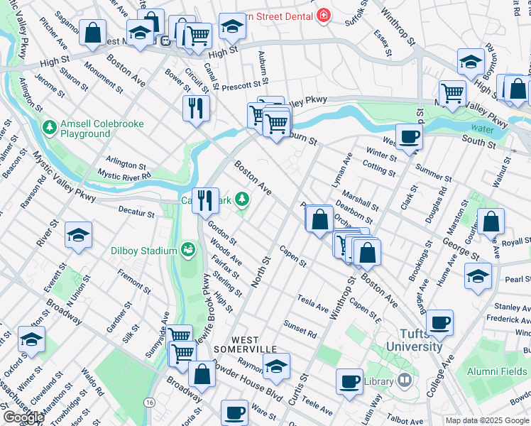 map of restaurants, bars, coffee shops, grocery stores, and more near 24 Pinkham Road in Medford