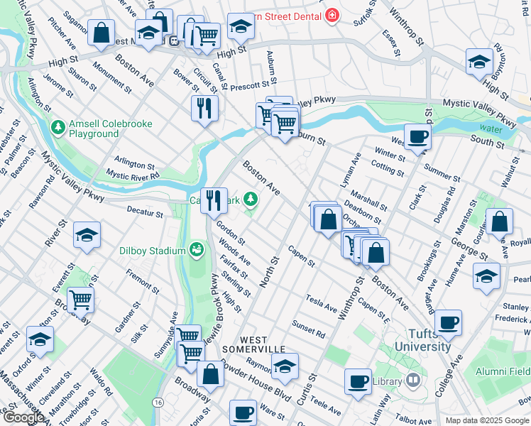 map of restaurants, bars, coffee shops, grocery stores, and more near 31 Harris Road in Medford