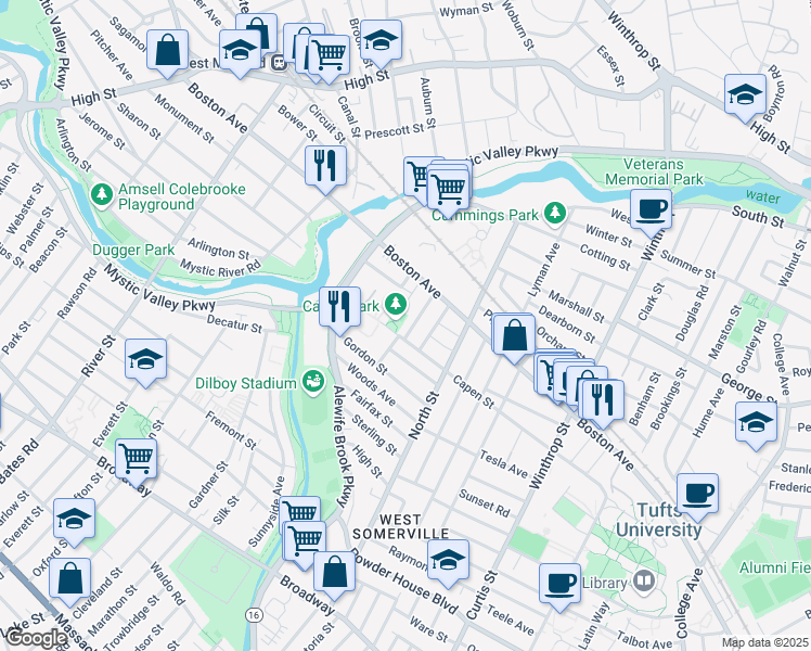 map of restaurants, bars, coffee shops, grocery stores, and more near 31 Harris Road in Medford