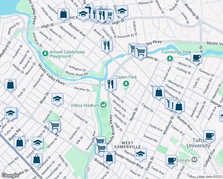 map of restaurants, bars, coffee shops, grocery stores, and more near 392 Alewife Brook Parkway in Somerville