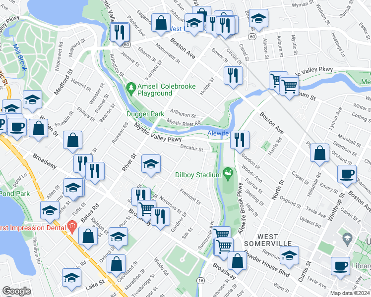 map of restaurants, bars, coffee shops, grocery stores, and more near 90 Decatur Street in Arlington