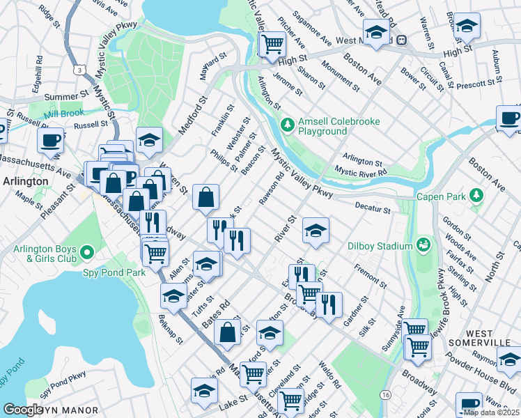 map of restaurants, bars, coffee shops, grocery stores, and more near 40-42 Dartmouth Street in Arlington