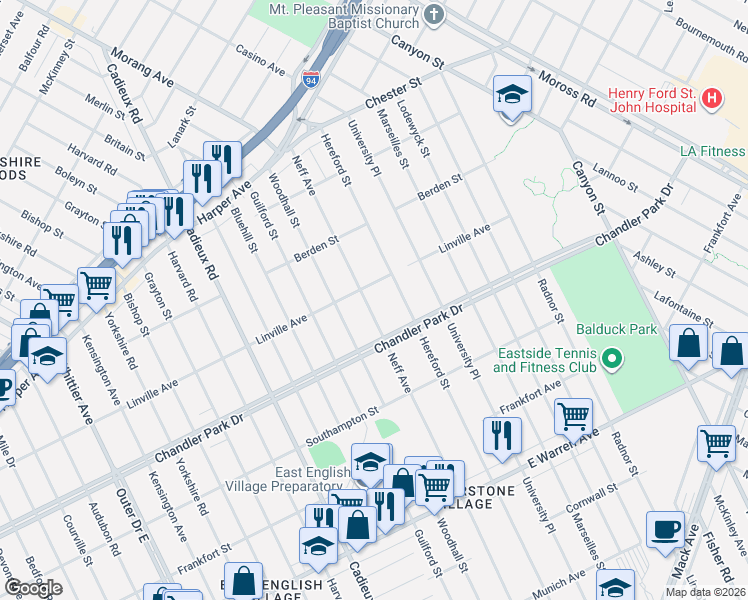map of restaurants, bars, coffee shops, grocery stores, and more near 5786 Neff Avenue in Detroit