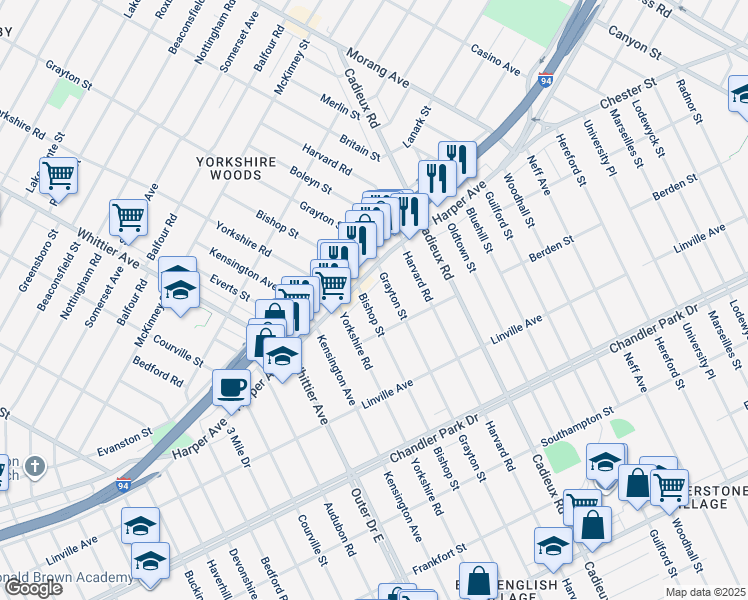 map of restaurants, bars, coffee shops, grocery stores, and more near 6171 Bishop Street in Detroit