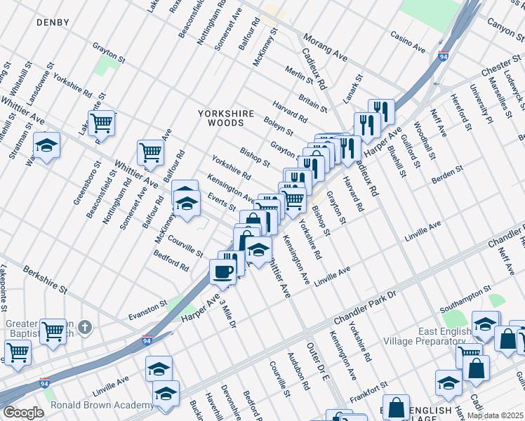 map of restaurants, bars, coffee shops, grocery stores, and more near 9131 Kensington Avenue in Detroit