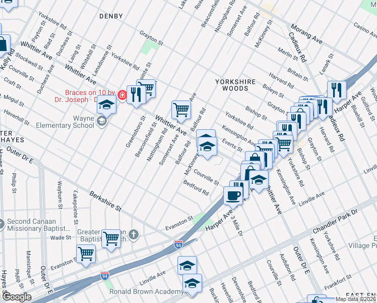 map of restaurants, bars, coffee shops, grocery stores, and more near 9761 McKinney Street in Detroit