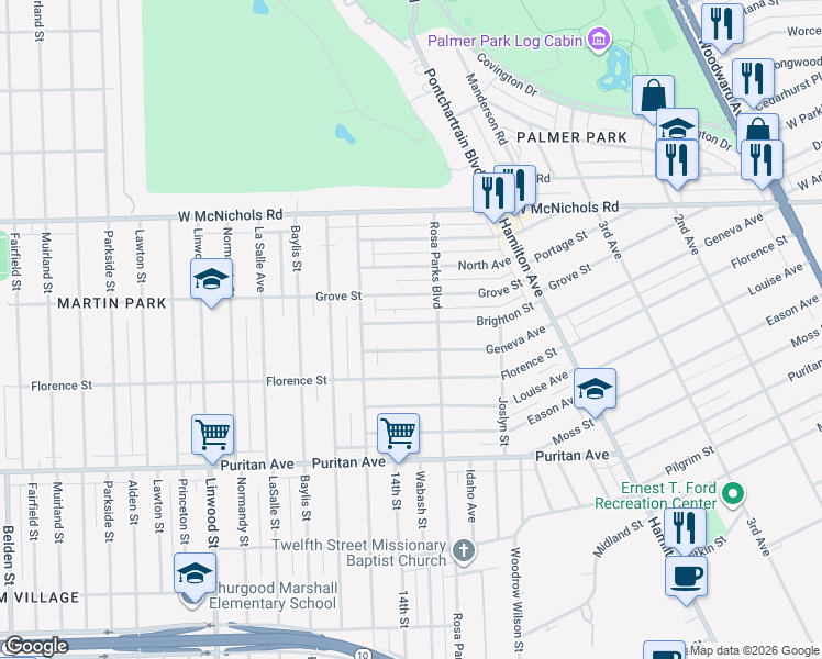 map of restaurants, bars, coffee shops, grocery stores, and more near 131 Brighton Street in Highland Park