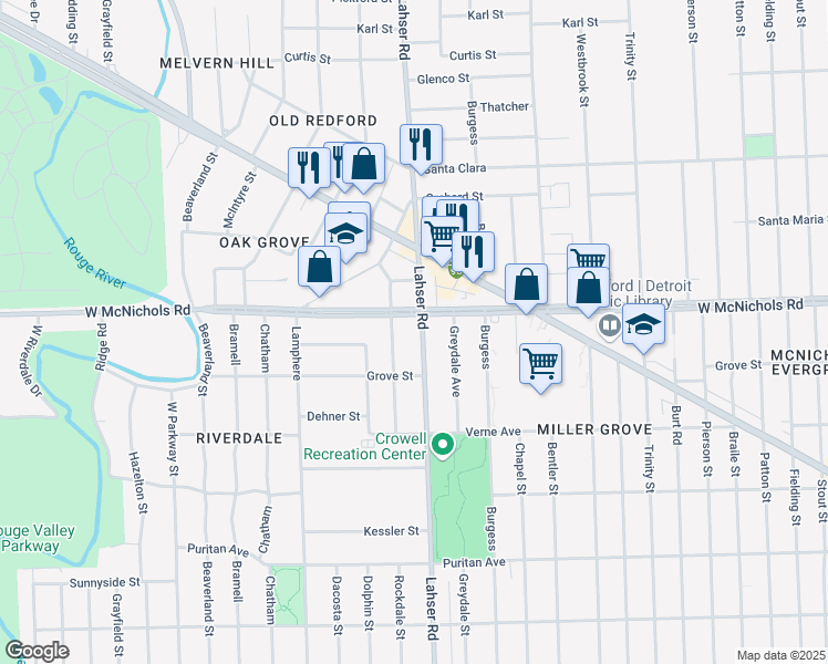 map of restaurants, bars, coffee shops, grocery stores, and more near 16885 Lahser Road in Detroit