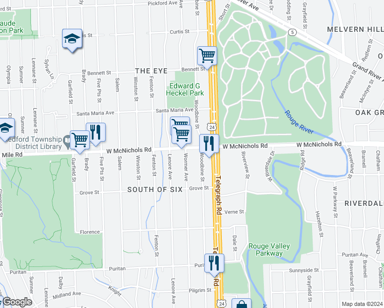 map of restaurants, bars, coffee shops, grocery stores, and more near 24203 West McNichols Road in Detroit
