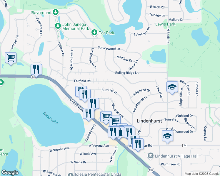 map of restaurants, bars, coffee shops, grocery stores, and more near 2012 Burr Oak Lane in Lindenhurst