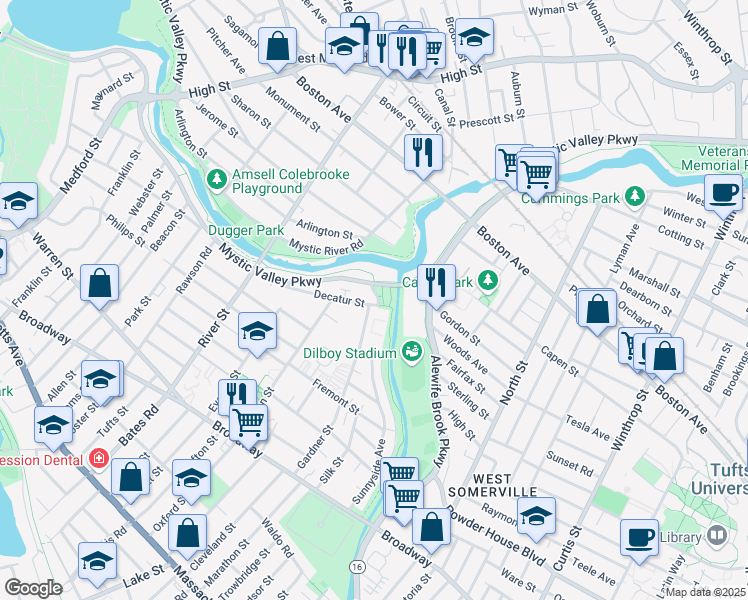 map of restaurants, bars, coffee shops, grocery stores, and more near 37-39 Decatur Street in Arlington