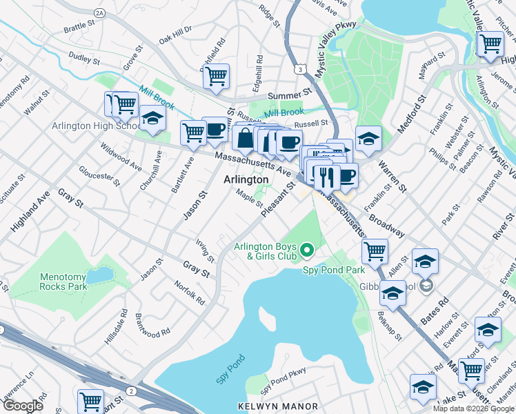 map of restaurants, bars, coffee shops, grocery stores, and more near 75 Pleasant Street in Arlington
