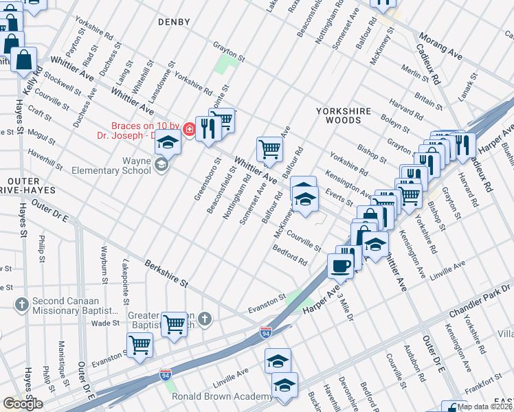 map of restaurants, bars, coffee shops, grocery stores, and more near 10118 Somerset Avenue in Detroit