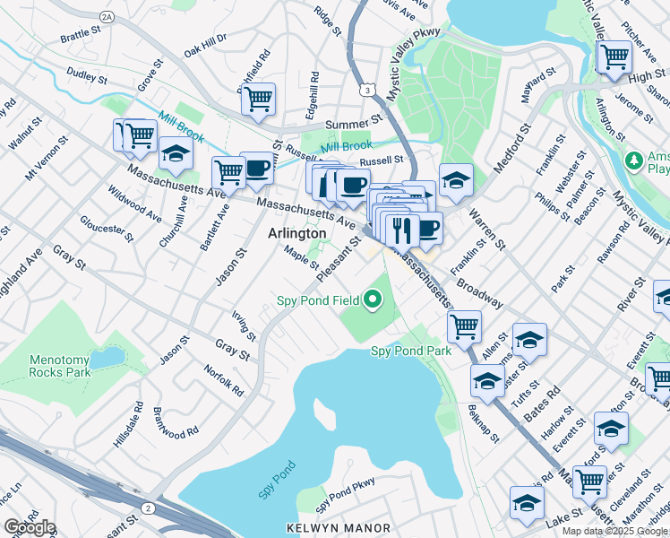 map of restaurants, bars, coffee shops, grocery stores, and more near 60 Pleasant Street in Arlington