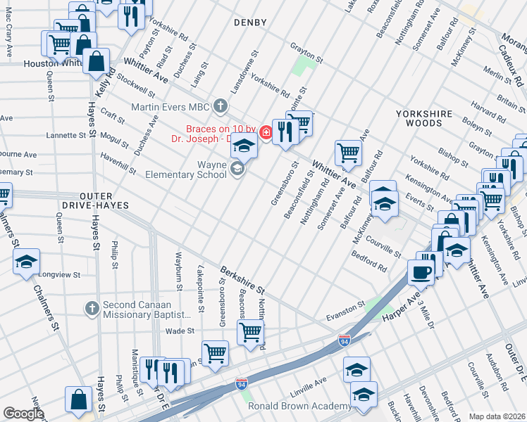 map of restaurants, bars, coffee shops, grocery stores, and more near 10283 Greensboro Street in Detroit