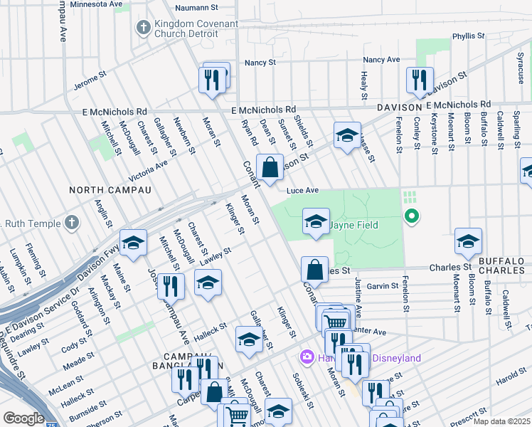 map of restaurants, bars, coffee shops, grocery stores, and more near 13166 Moran Street in Hamtramck