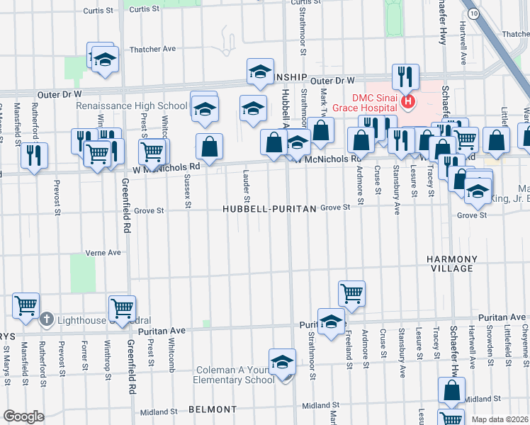 map of restaurants, bars, coffee shops, grocery stores, and more near 16686 Lauder Street in Detroit