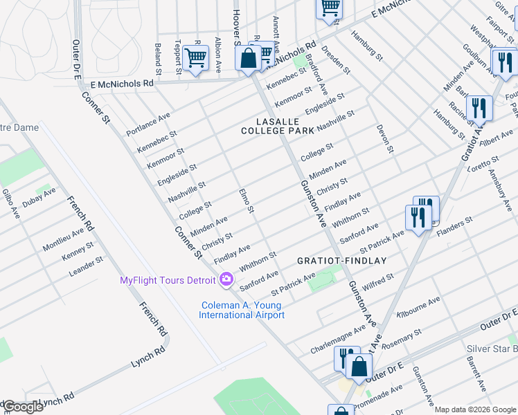 map of restaurants, bars, coffee shops, grocery stores, and more near 11422 Minden Avenue in Detroit