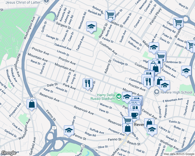 map of restaurants, bars, coffee shops, grocery stores, and more near 281 Mountain Avenue in Revere
