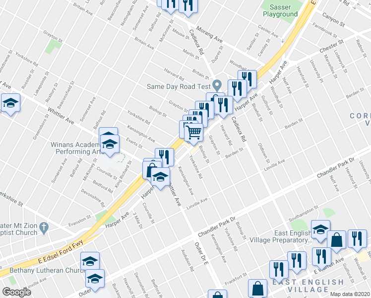 map of restaurants, bars, coffee shops, grocery stores, and more near 16661 Harper Avenue in Detroit