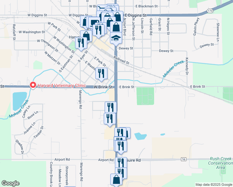 map of restaurants, bars, coffee shops, grocery stores, and more near 260 South Division Street in Harvard