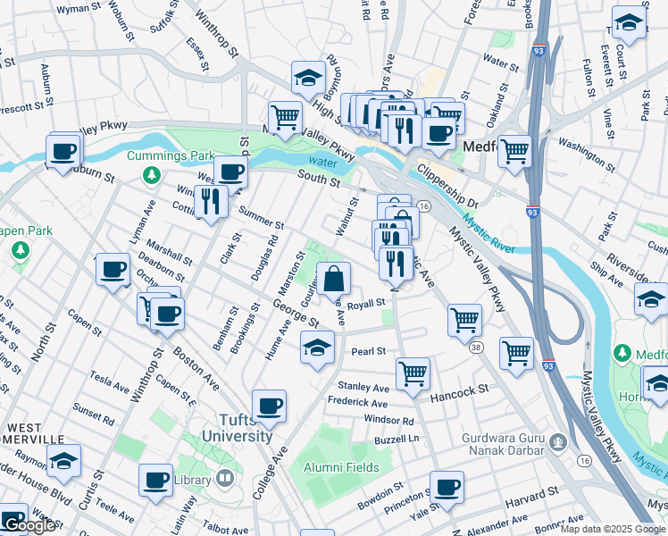 map of restaurants, bars, coffee shops, grocery stores, and more near 13 College Avenue in Medford