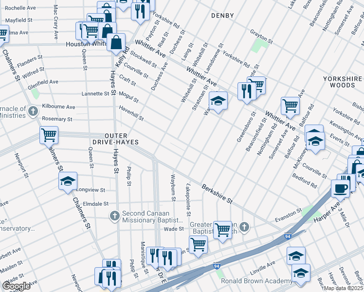 map of restaurants, bars, coffee shops, grocery stores, and more near 10525 Haverhill Street in Detroit