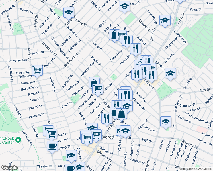 map of restaurants, bars, coffee shops, grocery stores, and more near 43 Glendale Street in Everett