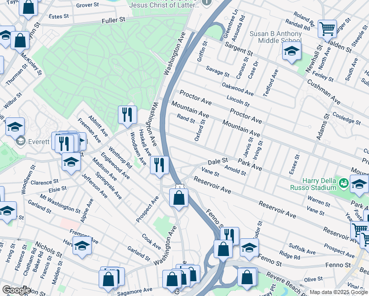 map of restaurants, bars, coffee shops, grocery stores, and more near 161 Arnold Street in Revere