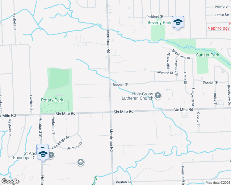 map of restaurants, bars, coffee shops, grocery stores, and more near 17360 Merriman Road in Livonia