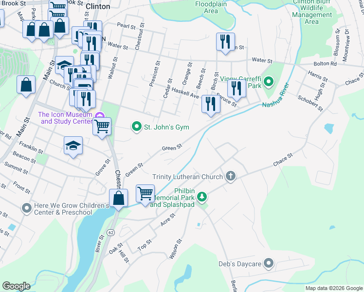 map of restaurants, bars, coffee shops, grocery stores, and more near 207 Green Street in Clinton