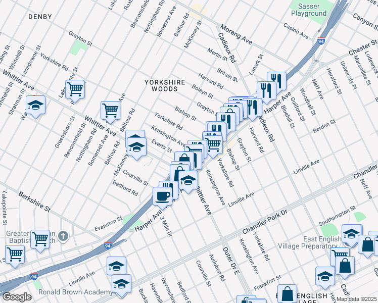 map of restaurants, bars, coffee shops, grocery stores, and more near 9131 Kensington Avenue in Detroit