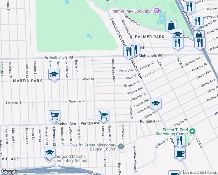 map of restaurants, bars, coffee shops, grocery stores, and more near 131 Brighton Street in Highland Park