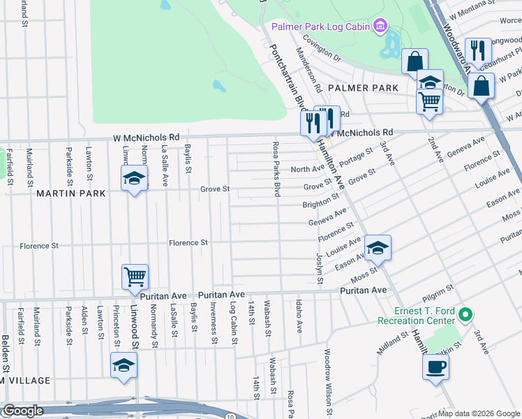 map of restaurants, bars, coffee shops, grocery stores, and more near 131 Brighton Street in Highland Park