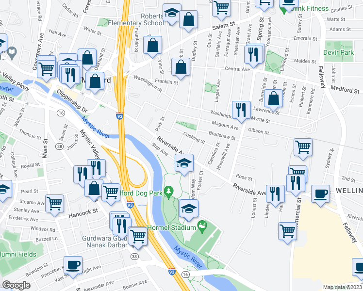 map of restaurants, bars, coffee shops, grocery stores, and more near 7 Abbott Street in Medford